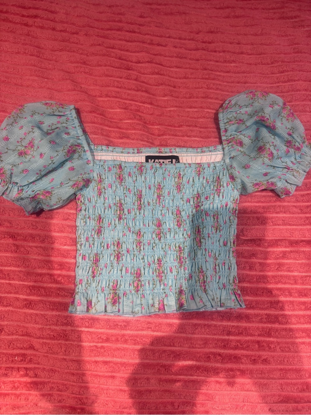 Katie J NYC Light Blue Floral Smocked Puff Sleeve Top